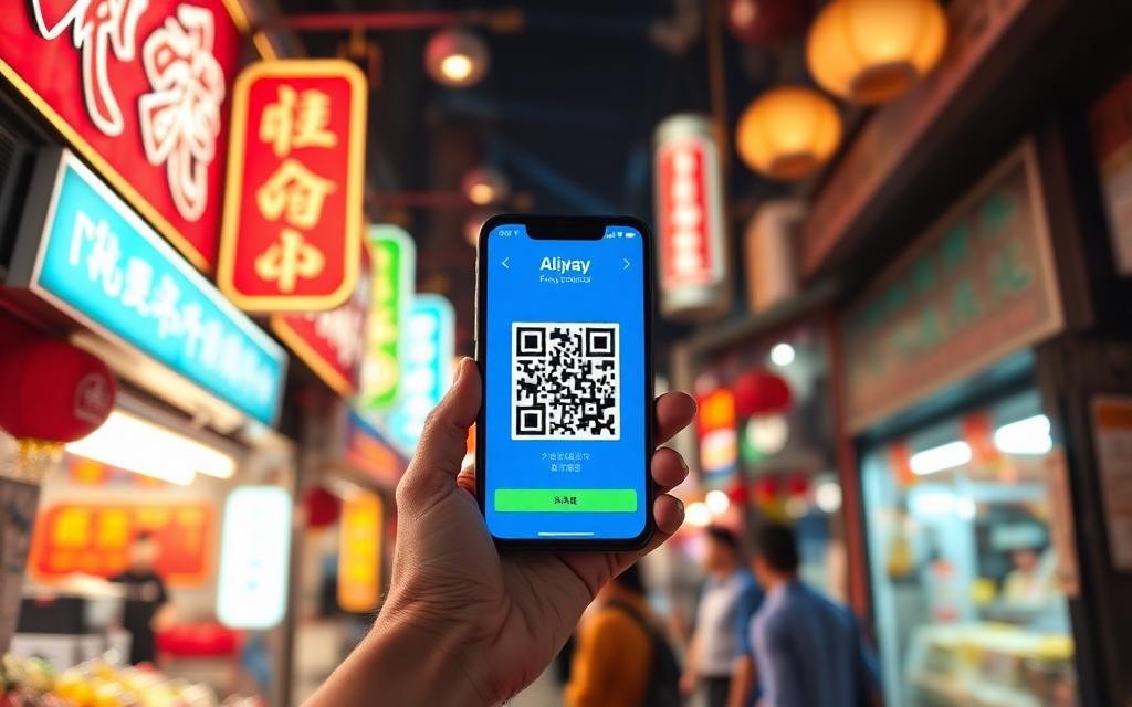 Смартфон с открытым Alipay QR-кодом на улице Китая