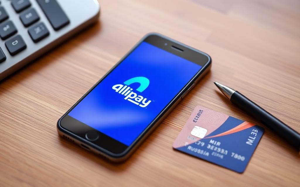 Смартфон с приложением Alipay и российская банковская карта Мир