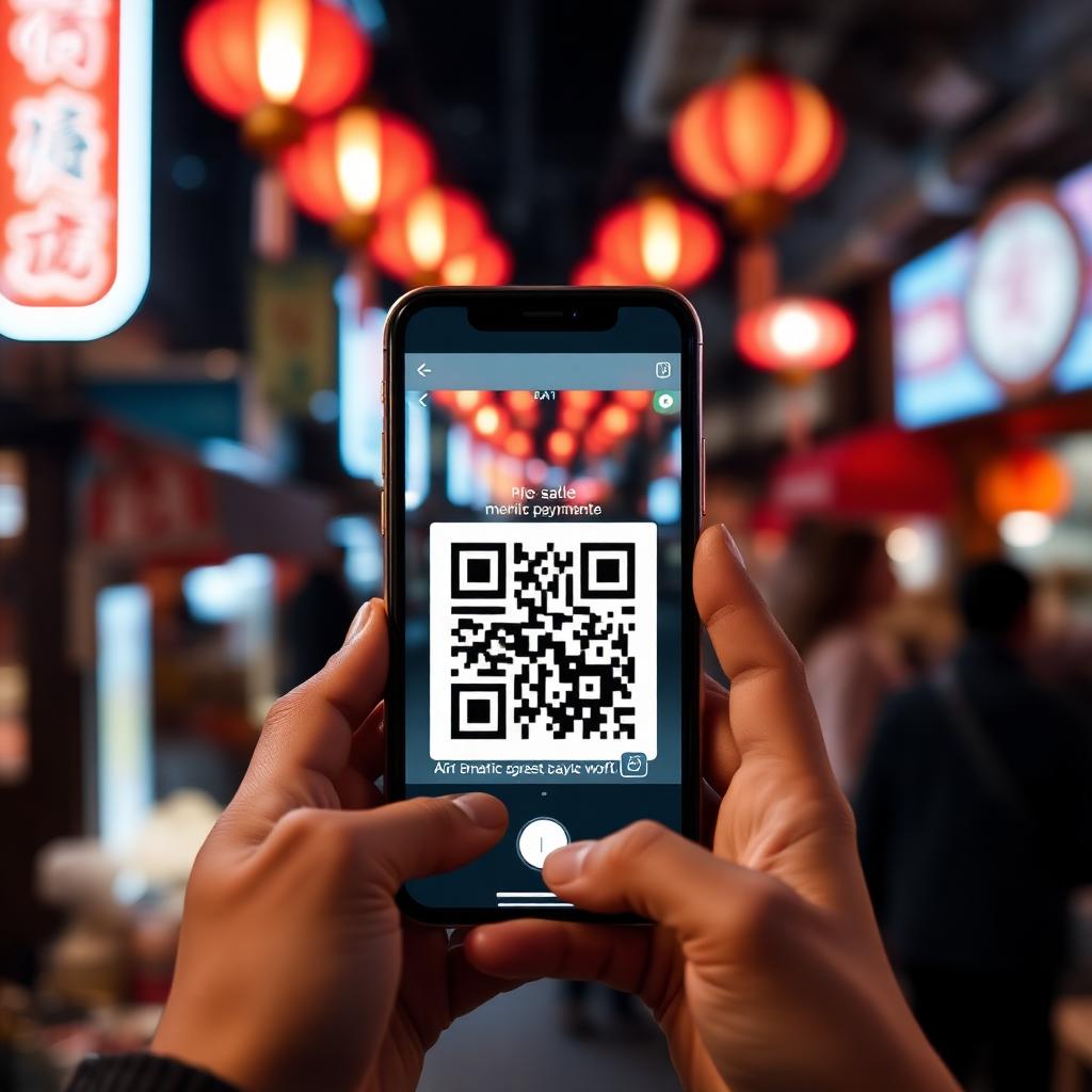 Сканирование QR-кода для мобильной оплаты на улице китайского города