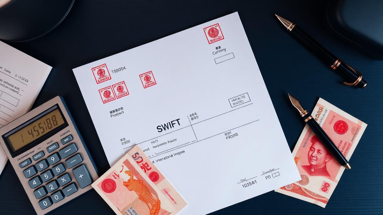 Документ SWIFT MT103 с печатями, юани и калькулятор на тёмном столе