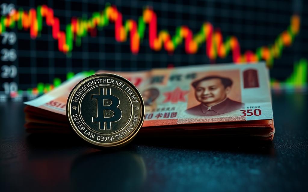 Монета Tether USDT и китайские юани на фоне биржевого графика