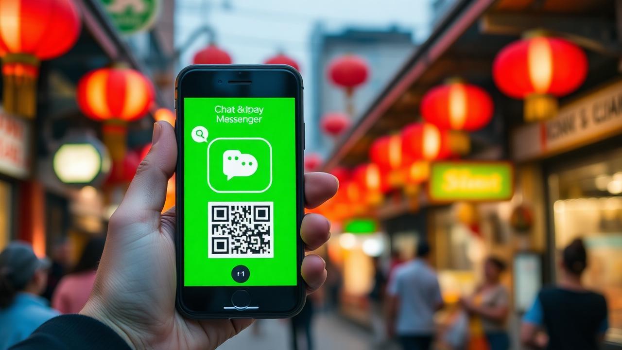 Смартфон с QR-сканером мессенджера на фоне китайской улицы с фонарями